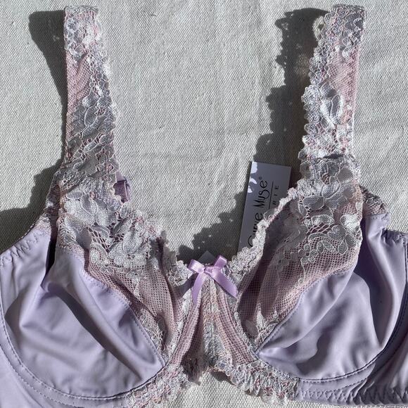 Curve Muse Lingerie Lace Bra Wired Lilac Sz 36C Unlined Sheer Floral Bow Smooth - Picture 3 of 9